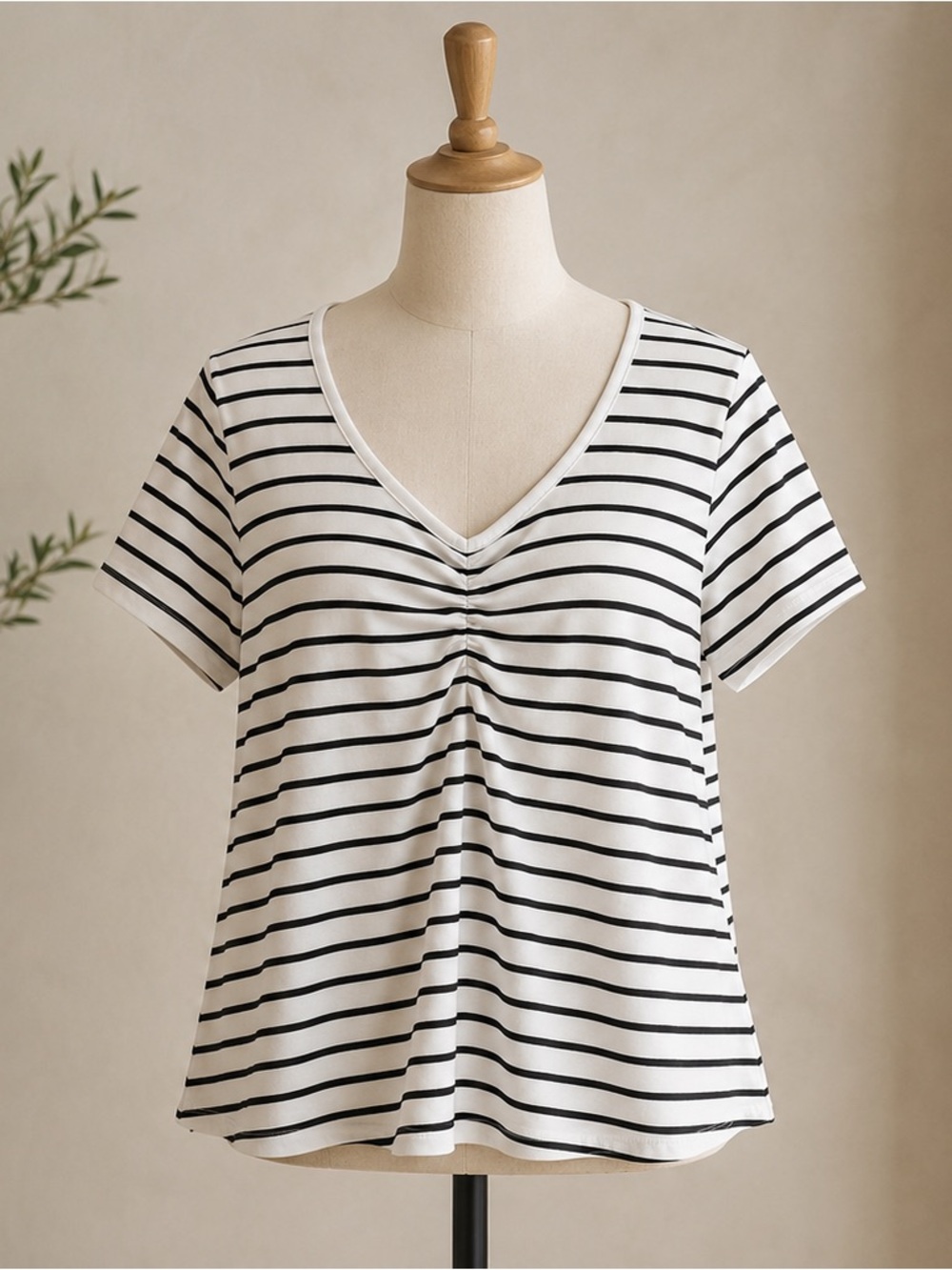 Black & White Striped V-Neck Short Sleeve Top with Front Gather